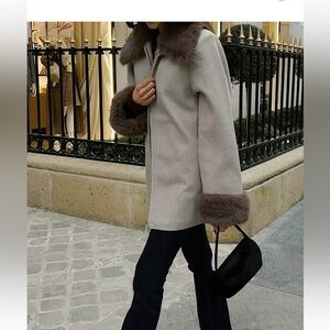 Elegant Gray Fur-Trimmed Women's Coat